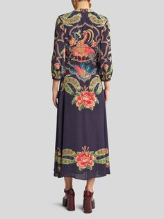 Crepe de chine midi dress with decorative, placed floral print.• Regular fit• Round neck• Slightly puffed 3/4 sleeves• Rear zip closure• Made� in Italy• The model is 5’10” (178 cm) tall and wears a size 40 (IT) • 100% viscose• Lining: 100% polyester Etro Dress, Poncho Jacket, Fragrance Collection, Socks And Tights, Tie And Pocket Square, Newborn Outfits, Clothes Gift, Lace Up Shoes, Dress Accessories