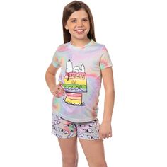 Step into a world of whimsy and comfort with the Peanuts Girls' Snoopy Dream In Color Tie-Dye Character Pajama Set. Perfect for fans of the beloved comic strip, this set is a colorful nod to the adventures of Snoopy and the gang.

- Size: 10/12
- Material: 100% Polyester
- Color: Multicolored tie-dye
- Gender: Female
- Age Group: Kids

The top of this delightful pajama set features Snoopy lounging on his iconic rainbow doghouse, accompanied by the inspiring "Dream in Color" slogan. The shorts bo Multicolor Cotton Sleepwear With Cartoon Print, Playful Multicolor Cartoon Print Sleepwear, Fun Multicolor Cartoon Print Sleepwear, Multicolor Cotton Graphic Print Sleepwear, Cotton Sleepwear With Character Print In Multicolor, Fun Multicolor Character Print Sleepwear, Pajama Set Shorts, Linus Van Pelt, It's The Great Pumpkin Charlie Brown