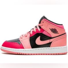 Jordan 1 Mid Coral Chalk Pink Sz 6.5y Nwb Pink High-top Sneakers With Contrast Sole And Round Toe, Pink High-top Sneakers With Contrast Sole, Sporty Pink Leather Jordan Shoes, Pink Low-top Leather Jordan Shoes, Pink High-top Jordan Shoes, Pink Mid-top Custom Sneakers With Contrast Sole, Pink Leather Basketball Shoes With Round Toe, Pink Jordan Shoes For Streetwear With Round Toe, Sporty Pink Jordan Shoes With Rubber Sole