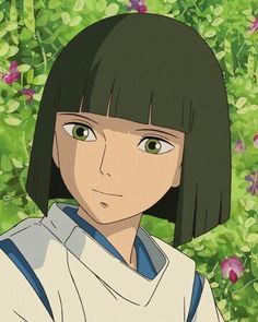 an anime character with black hair and green eyes standing in front of purple flowers, looking at the camera