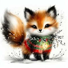 a painting of a fox wearing a sweater with snowflakes on it's chest