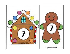 a gingerbread house with the number seven on it's front, and an image of