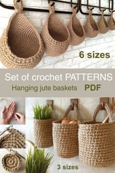 Crochet pattern - schematic diagrams for drop-shaped baskets of 6 sizes and cylindrical baskets of 3 sizes. LEVEL: Beginner/advanced beginner. Step by step instructions for A, B, C (diagrams for D, E, F). About 90 photos of the process. You will get wonderful home decor and stylish storage for your kitchen. You can store onions, garlic, nuts or fruits in this hanging baskets. Set of baskets also good as a plant holder. Kitchen Crochet Baskets, Macrame Crochet Pattern, Crochet Onion Bag, Crochet Hanging Baskets Free Patterns, Crochet Storage Pattern, Little Crochet Gifts, Crochet House Decor, Crochet Kitchen Items, Hanging Crochet Basket