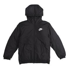 Nike SPORTSWEAR SYNTHETIC FILL Black Jacket Nike Windbreaker For Winter Sports, Nike Hooded Windbreaker For Winter, Nike Functional Hooded Jacket With Ribbed Cuffs, Nike Hooded Jacket With Fleece Lining For Winter, Nike Hooded Jacket With Ribbed Cuffs, Nike Winter Hooded Jacket With Fleece Lining, Sportswear Fleece-lined Winter Track Jacket, Winter Sportswear Track Jacket With Fleece Lining, Winter Sportswear Windbreaker For Winter Sports