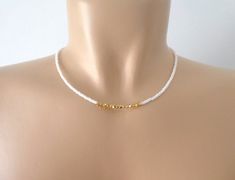 White necklace,dainty choker, boho choker beaded white and gold necklace,choker collar,seed beads, d Delicate White Choker Necklace, Gold Round Beads Choker For Summer, Gold Choker With Round Beads For Summer, White Delicate Chain Choker, Delicate White Beaded Chain Jewelry, Delicate White Choker With Delicate Chain, Dainty White Beaded Chain Jewelry, White Beaded Chain Choker As A Gift, White Bohemian Choker With Beaded Chain