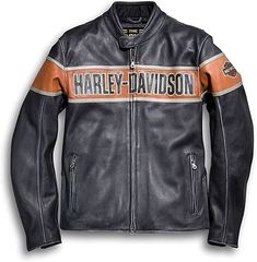 a black leather jacket with an orange stripe on the chest and harley davidson logo on the back