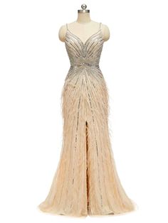 Champagne Gold Luxury Heavily Beaded Feather Formal Prom Dresses Online - ChicSew Feathered Prom Dress, Uzun Boy, Feather Prom Dress, Beaded Feather, Formal Prom Dresses, Evening Dresses Online, Gold Luxury, Bridesmaid Dresses Online, Satin Bridesmaid Dresses