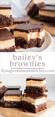 bailey's brownies are stacked on top of each other and ready to be eaten