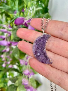 Amethyst Moon Pendant Necklace, Moon Necklace, Amethyst Necklace, Handmade, Ethical Jewellery, Gemstone Jewellery, Purple Pendant, Unique Handmade Celestial Amethyst Necklace, Spiritual Amethyst Necklace With Moon Charm, Mystical Purple Necklaces With Natural Stones, Purple Amethyst Crystal Necklace In Mystical Style, Purple Moon Shaped Spiritual Jewelry, Mystical Purple Amethyst Crystal Necklace, Spiritual Purple Necklace With Moon Charm, Celestial Amethyst Purple Necklace, Mystical Crescent Amethyst Jewelry