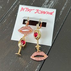 Beautiful Betsey Johnson Earrings, Gold Tone, Lips And Wine Glass, Perfect For Girl Night Out, Wine Night, Wine Tasting. New With Tag. Elegant Earrings For Valentine's Day Party, Elegant Party Earrings For Valentine's Day, Trendy Jewelry For Valentine's Day Party, Glamorous Pink Jewelry For Celebration, Metal Jewelry For Valentine's Day Party, Valentine's Day Party Drop Earrings, Valentine's Day Party Dangle Jewelry, Valentine's Day Metal Party Jewelry, Pink Earrings For Valentine's Day Celebration