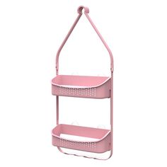 a pink shelf with two baskets hanging from it's sides and the bottom half open