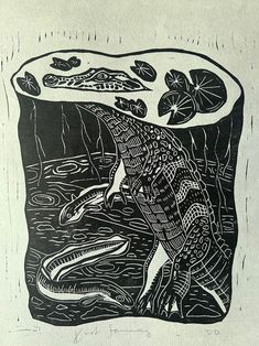 a black and white drawing of an alligator in the water with lemons on it