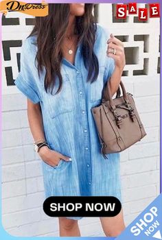 Oversize Boyfriend Denim Shirt Dress Casual Button-up Shirt Dress For Day Out, Casual Button-up Shirt Dress With Rolled Sleeves, Casual Short Sleeve Shirt Dress With Rolled Sleeves, Relaxed Fit Denim Blue Shirt Dress With Pockets, Trendy Cotton Shirt Dress With Button Closure, Summer Button-up Shirt Dress With Pockets, Casual Summer Shirt Dress With Button Closure, Oversized Casual Denim Dress For Fall, Casual Knee-length Shirt Dress