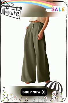 Army Green Cotton Linen Button High Waist Wide Leg Pants High Waist Wide Leg Pants, Green Cotton, Bottoms Pants, Cotton Linen, Army Green, Leg Pants, Wide Leg Pants, Womens Bottoms, High Waist