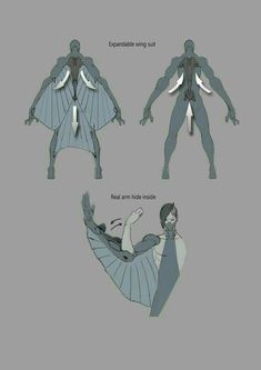 the concept art for person's character design, including wings and headgear