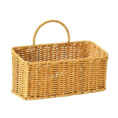 a wicker basket with handles on a white background