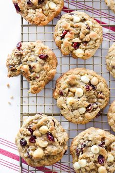 freshly baked cranberry white chocolate chip cookies cooling on a wire rack