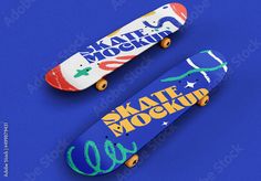 two skateboards sitting side by side on a blue surface with the words skateboard mockup