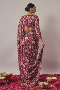 Maroon pre-draped saree with all over gardenia blossom print and hand embroidered detailing. Paired with a matching printed three fourth sleeves blouse. - Aza Fashions Traditional Pre-draped Saree With Floral Print, Transitional Pre-draped Saree With Floral Embroidery, Festive Pre-draped Saree With Floral Print And Traditional Drape, Festive Pre-draped Saree With Floral Print, Bollywood Style Festive Pre-draped Floral Saree, Festive Floral Pre-draped Saree, Traditional Fitted Pre-draped Saree With Floral Print, Festive Floral Print Pre-draped Saree, Semi-stitched Floral Print Pre-draped Saree