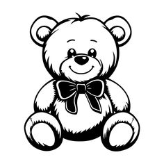 a black and white teddy bear with a bow on it's neck, sitting