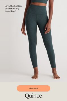 From yoga days to lounge days, our Pocket Leggings are light and breathable, letting you focus on your flow. Quick-drying, moisture-wicking, anti-microbial fabric with the 4-way stretch you love keep you comfortable all day long. Plus, the hidden waistband pocket fits a card or a key for unencumbered outdoor activities.  | Quince | Women's Ultra-Soft High-Rise Pocket Legging in Heather Green, Size Small, 100% Polyester Yoga Day, Heather Green, Low Impact Workout, Pocket Leggings, Quince, Focus On, Forest Green, Quick Dry, Outdoor Activities