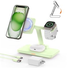 an apple watch and charging station are shown with the phone attached to it's stand