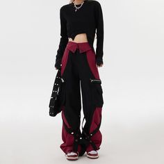 Our Grunge Aesthetic Cargo Pants feature a wide-leg fit, red and black two-tone design with multiple pockets and buckle straps Size: • S: Waist: 64cm/ 25.2 in, Hips: 100cm/ 39.4 in, Length: 100cm/ 39.4 in• M: Waist: 68cm/ 26.8 in, Hips: 104cm/ 40.9 in, Length: 102cm/ 40.2 in• L: Waist: 72cm/ 28.3 in, Hips: 108cm/ 42.5 in, Length: 104cm/ 40.9 in• XL: Waist: 76cm/ 29.9 in, Hips: 112cm/ 44.1 in, Length: 106cm/ 41.7 inMaterial: Polyester Edgy Wide Leg Parachute Pants With Belt Loops, Red Wide Leg Cargo Pants For Fall, Edgy Wide-leg Parachute Pants With Belt Loops, Red Baggy Full-length Cargo Pants, Baggy Red Full-length Cargo Pants, Edgy Red Pants For Streetwear, Red High-waist Baggy Cargo Pants, Red High Waist Baggy Cargo Pants, Red High Waisted Baggy Cargo Pants