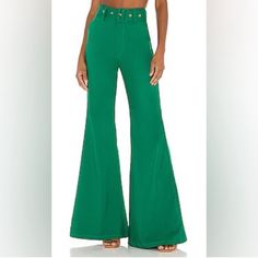 Show Me Your Mumu Green Dj Flare Pant, New With Tags, Medium Chic Green Full Length Bottoms, Chic Full Length Green Bottoms, Fitted Green Wide-leg Jeans, Green High Waist Fitted Bottoms, High Waist Fitted Green Bottoms, Green Fitted High Waist Bottoms, Fitted High Waist Green Bottoms, Green Fitted High Rise Bottoms, Green High Rise Fitted Bottoms