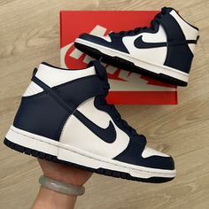 Nike Dunk Midnight Navy High Top Sneaker Size 4.5 Youth Grade School 6 Womens Brand New Never Worn Nike Dunks High Dark Blue, Navy Leather Basketball Shoes With Round Toe, Navy Custom Sneakers With Cushioned Footbed And Round Toe, Navy High-top Sneakers With Boost Midsole, Nike High, Kicks Shoes, Nike Dunk High, High Top Sneaker, Clean Shoes