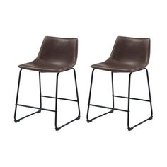 pair of brown leather bar stools with metal legs