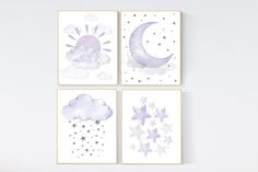 four watercolor paintings on white wall with stars and moon in the sky above them