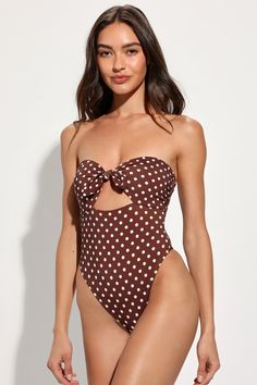 Devon Brown Polka Dot Strapless Knotted One-Piece Swimsuit Strapless Beachwear Bodysuit For Beach, Summer Strapless Bodysuit For Beach, Polka Dot Swimwear For Summer Swimming, Polka Dot Swimwear For Summer, Polka Dot One-piece Swimwear For Pool, Summer Bandeau Bodysuit For Beachwear, Polka Dot Sleeveless Beachwear Swimwear, Strapless Beach Bodysuit For Spring, Strapless Bodysuit For Poolside Summer