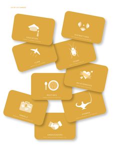 six square coasters with different types of food and drinks on them, all in yellow