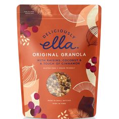 an orange bag of granola with raisins and coconut