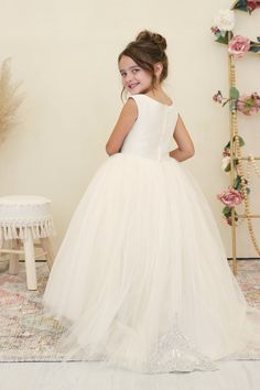 Amalee Couture Tulle Flower Girl Floor Length Communion Dress With Train Baby Christening Outfit, Tulle Train, Girls Communion Dresses, Girls Special Occasion Dresses, Girls Crown, Flower Girl Crown, Tulle Flower Girl, Christening Outfit, Girls Pageant Dresses