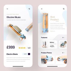two mobile phone screens showing different types of skateboards and their price tags on them