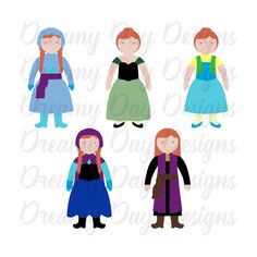 four different women in dresses with long hair, one wearing an apron and the other holding a