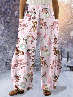 Vintage Pink Christmas Print Casual Pants,Come to wonderclosets to Find your Favorite. Vintage Pink Christmas, Polyester Pants, Christmas Print, Dark Fashion, Christmas Pajamas, Christmas Prints, Pink Christmas, Casual Fall, Festival Fashion