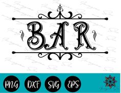 the word bar is shown in black and white, with an ornate frame around it