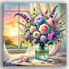 a painting of pink and purple flowers in a vase on a table next to a window