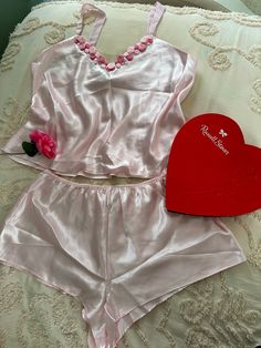 Feminine Satin Sleepwear Sets, Pink Satin Sleepwear For Lounging, Pink Satin Sleepwear For Nightwear, Pink Satin Sleepwear For Bedtime, Pink Satin Loungewear Sets, Sweet Pink Sleepwear For Sleepover, Pink Satin Pajama Party Sets, Pink Sweet Sleepwear For Bedtime, Sweet Pink Sleepwear For Bedtime