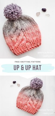 two knitted hats with pom - poms on top and the text free knitting pattern