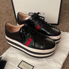 Gucci Peggy Black Leather Platform Sneakers 39 Worn Twice, In Great Condition. Only Sign Of Wear Is On The Sole Of The Shoes. Come With Dustbag And Box Shoes Gucci, Gucci Shoes, Platform Sneakers, Dust Bag, Black Leather, Black White, Gucci, Women Shoes, Sneakers