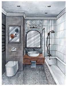 a drawing of a bathroom with a sink, mirror and bathtub