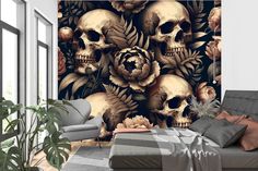 a living room with skulls and flowers on the wall