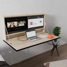 a laptop computer sitting on top of a wooden desk next to a monitor and keyboard