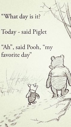 a drawing of winnie the pooh and piglet looking at each other in front of a tree