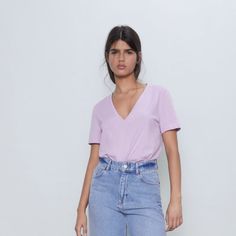 Zara V-Neckline T-Shirt With Short Sleeves. Size M, Brand New With Tags Basic Shirts, Zara Basic, Zara Tops, Shirt Color, Color Purple, Colorful Shirts, Short Sleeves, Zara, Womens Tops