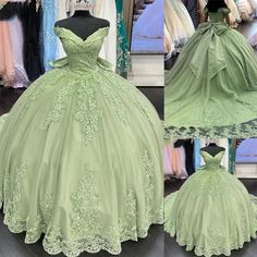 Celebrate your special day in the enchanting Lace Sage Green Quinceanera Dress. This stunning ball gown-style dress is crafted from delicate lace fabric, with intricate appliques cascading down the bodice and dress, showcasing exquisite craftsmanship. The charming bow embellishment adds a sweet, feminine touch, making this dress truly unique. Details: Silhouette: Ball Gown Style Fabric: Lace Fabric Color: Sage Green Color Length: Chapel Train Neckline: Off the Shoulder Neckline Sleeves: Sleevele Sage Green Quinceanera Dresses Mexican, Sage Green Quinceanera Dresses, Sage Green Quinceanera, Mini Quinceanera, Green Quince Dress, Gown Style Dress, Green Quinceanera Dresses, Green Quinceanera, Prom Gold