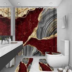 PRICES MAY VARY. 🛀【Package Includes】- marble bathroom sets with shower curtains and rugs and accessories with 12 shower hooks, Red marble shower curtains size 72"L x 72"W, the bathroom rug size: 29.52"L x 17.3"W, the toilet lid cover size: 16.54''L x14.96''W, the U shape rug size 17.72"L x 15.75''W, The ideal bathroom sets size fits the needs of most people bathrooms 🛀【High-quality Material】- This red marble bathroom set with rugs and accessories, luxury watercolor gold line shower curtain mad Marble Shower Curtain, Red Bathroom Decor, Luxury Shower Curtain, Shower Rods, Marble Showers, Abstract Shower Curtain, Shower Curtain Sizes, Bathroom Decor Sets, Bathroom Red